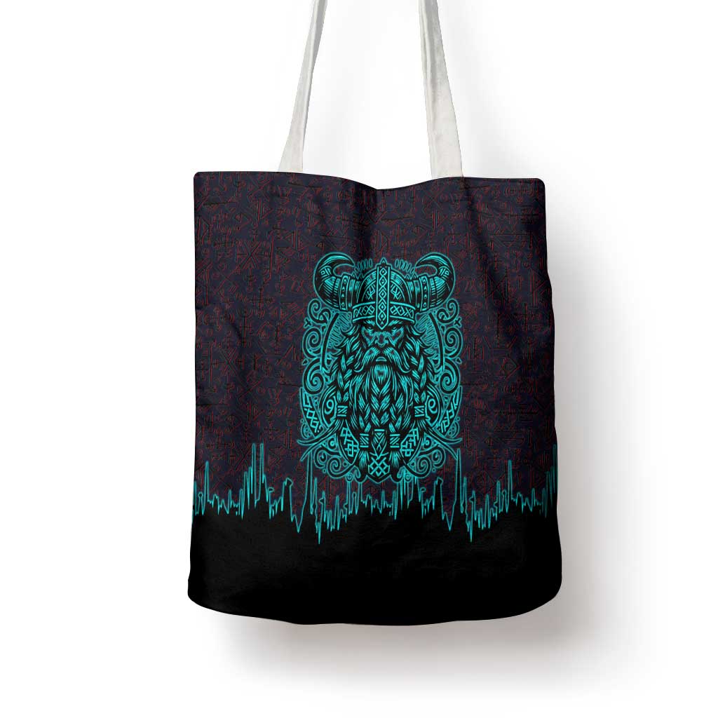 Viking Warrior Helm Tote Bag Neon Tribal Linework and Runic Pattern Art