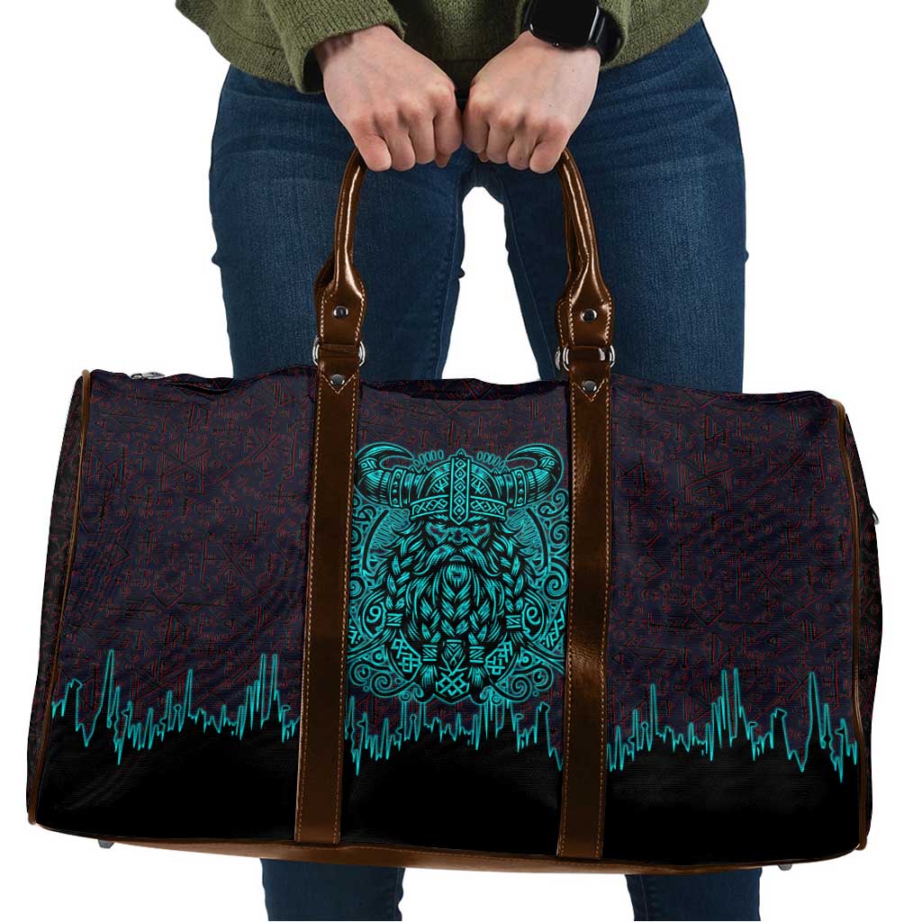 Viking Warrior Helm Travel Bag Neon Tribal Linework and Runic Pattern Art