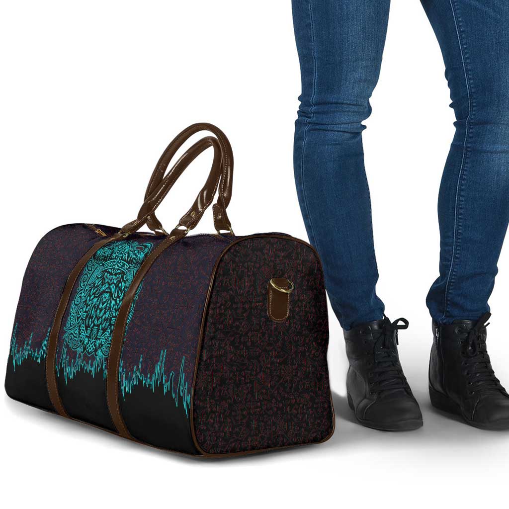 Viking Warrior Helm Travel Bag Neon Tribal Linework and Runic Pattern Art