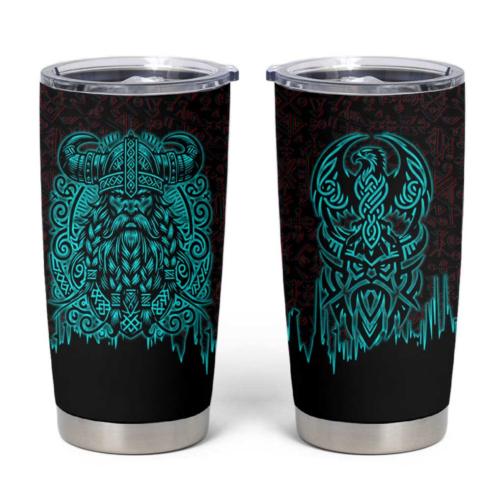 Viking Warrior Helm Tumbler Cup Neon Tribal Linework and Runic Pattern Art