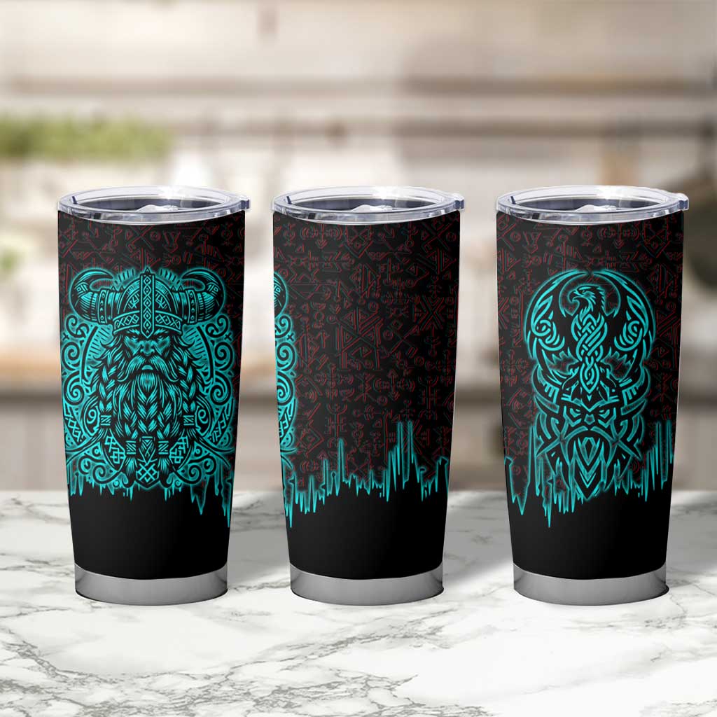 Viking Warrior Helm Tumbler Cup Neon Tribal Linework and Runic Pattern Art