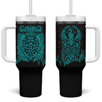 Viking Warrior Helm Tumbler With Handle Neon Tribal Linework and Runic Pattern Art