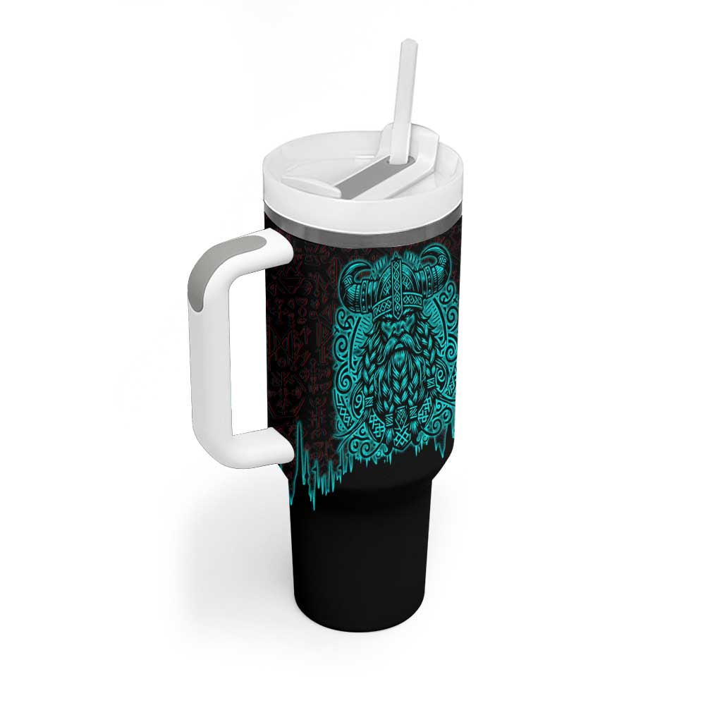 Viking Warrior Helm Tumbler With Handle Neon Tribal Linework and Runic Pattern Art