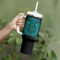 Viking Warrior Helm Tumbler With Handle Neon Tribal Linework and Runic Pattern Art