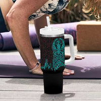 Viking Warrior Helm Tumbler With Handle Neon Tribal Linework and Runic Pattern Art