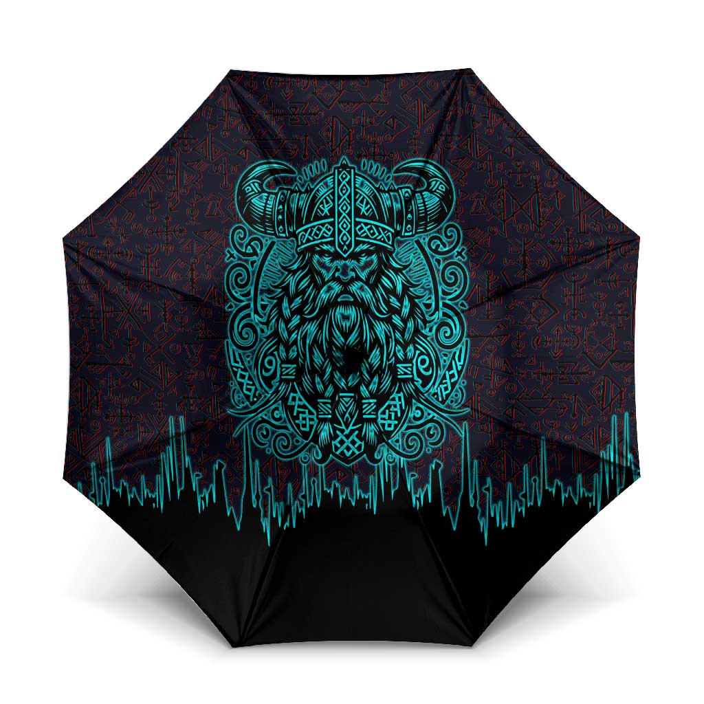 Viking Warrior Helm Umbrella Neon Tribal Linework and Runic Pattern Art