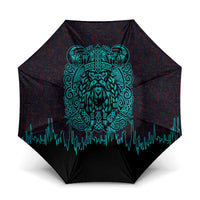 Viking Warrior Helm Umbrella Neon Tribal Linework and Runic Pattern Art