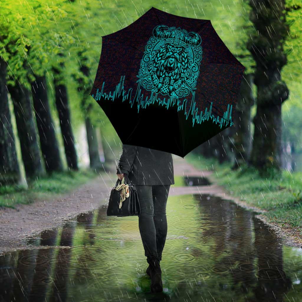 Viking Warrior Helm Umbrella Neon Tribal Linework and Runic Pattern Art