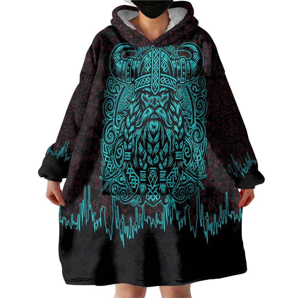 Viking Warrior Helm Wearable Blanket Hoodie Neon Tribal Linework and Runic Pattern Art