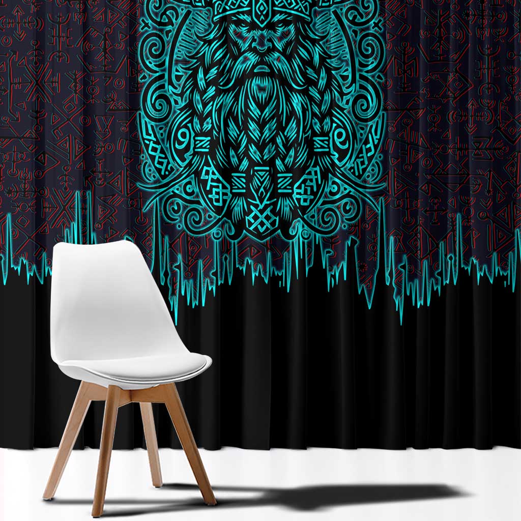 Viking Warrior Helm Window Curtain Neon Tribal Linework and Runic Pattern Art