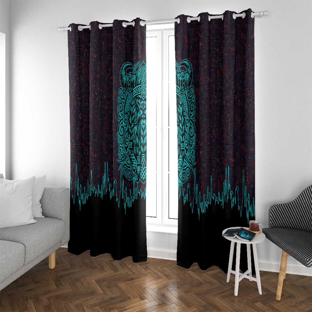 Viking Warrior Helm Window Curtain Neon Tribal Linework and Runic Pattern Art