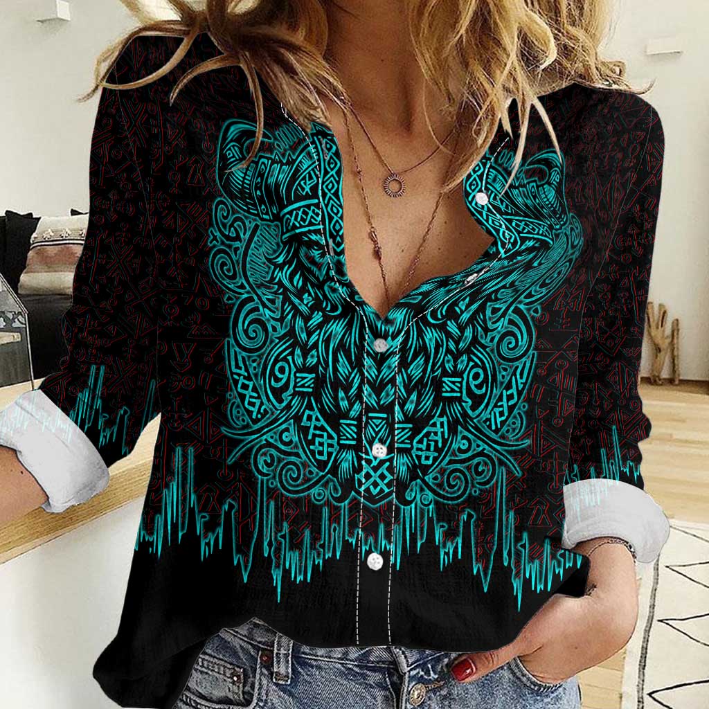 Viking Warrior Helm Women Casual Shirt Neon Tribal Linework and Runic Pattern Art