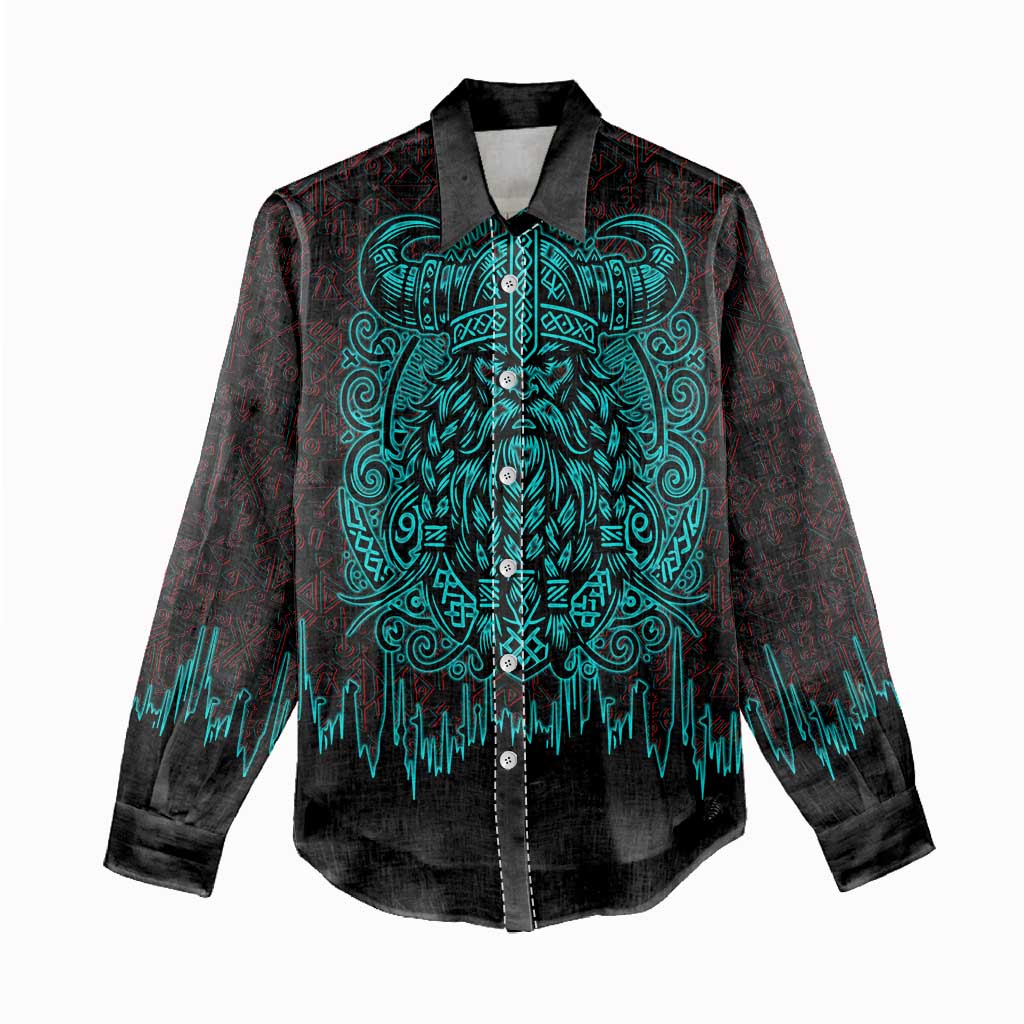 Viking Warrior Helm Women Casual Shirt Neon Tribal Linework and Runic Pattern Art