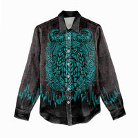 Viking Warrior Helm Women Casual Shirt Neon Tribal Linework and Runic Pattern Art