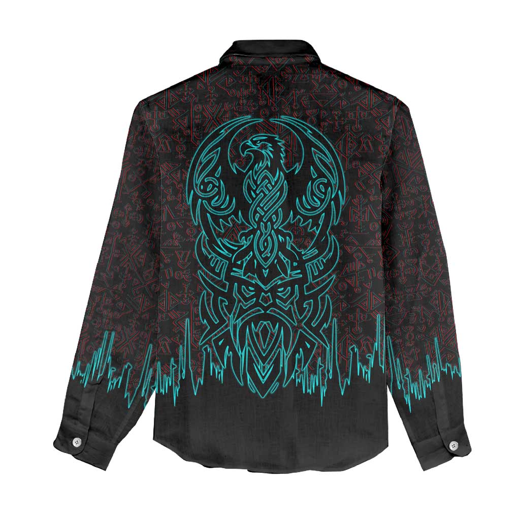 Viking Warrior Helm Women Casual Shirt Neon Tribal Linework and Runic Pattern Art