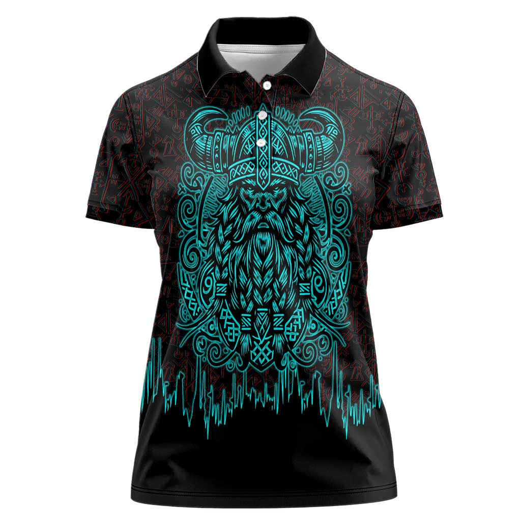 Viking Warrior Helm Women Polo Shirt Neon Tribal Linework and Runic Pattern Art