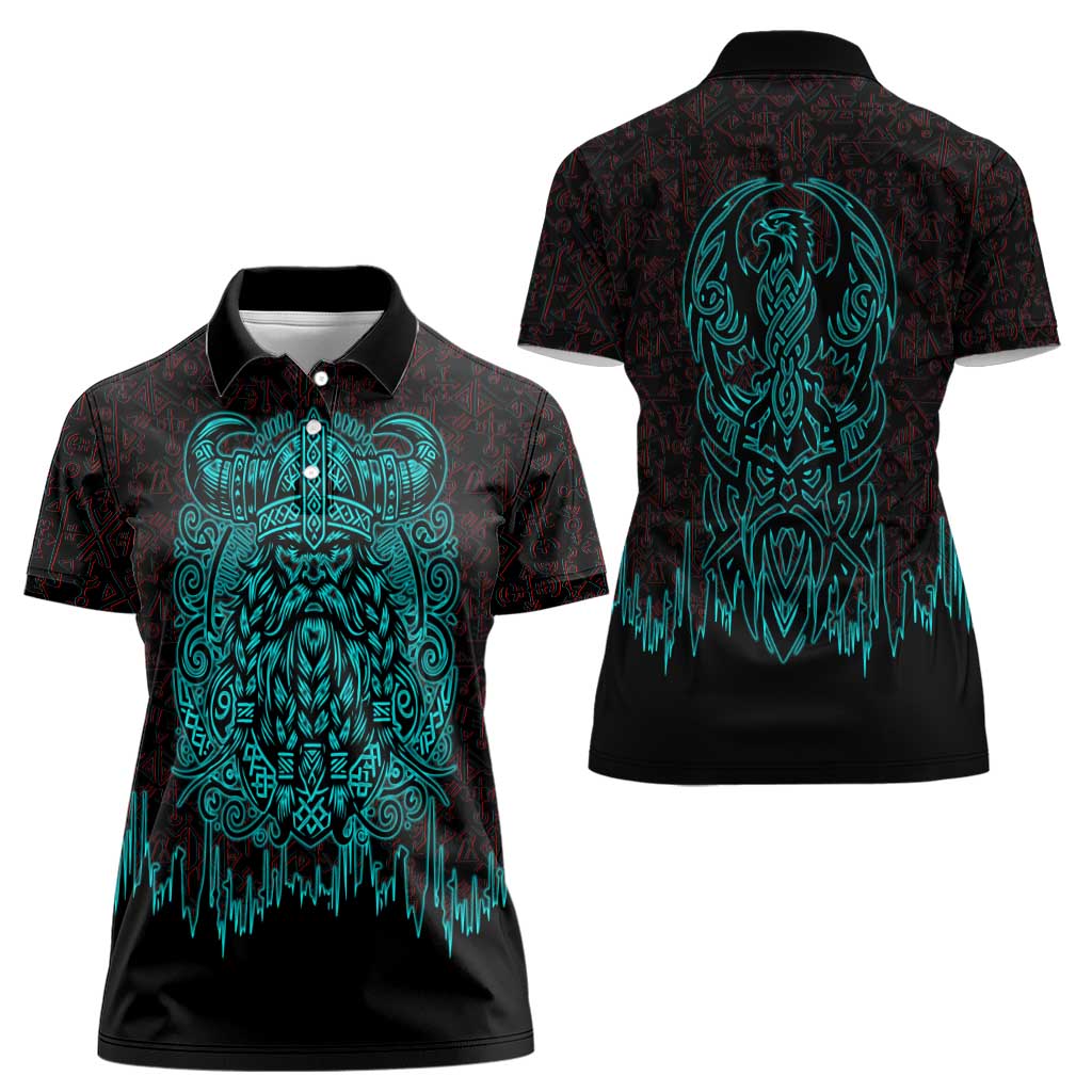 Viking Warrior Helm Women Polo Shirt Neon Tribal Linework and Runic Pattern Art