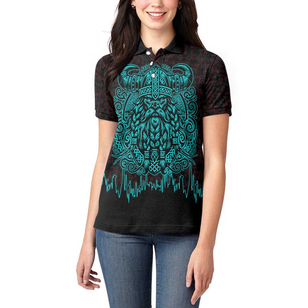 Viking Warrior Helm Women Polo Shirt Neon Tribal Linework and Runic Pattern Art