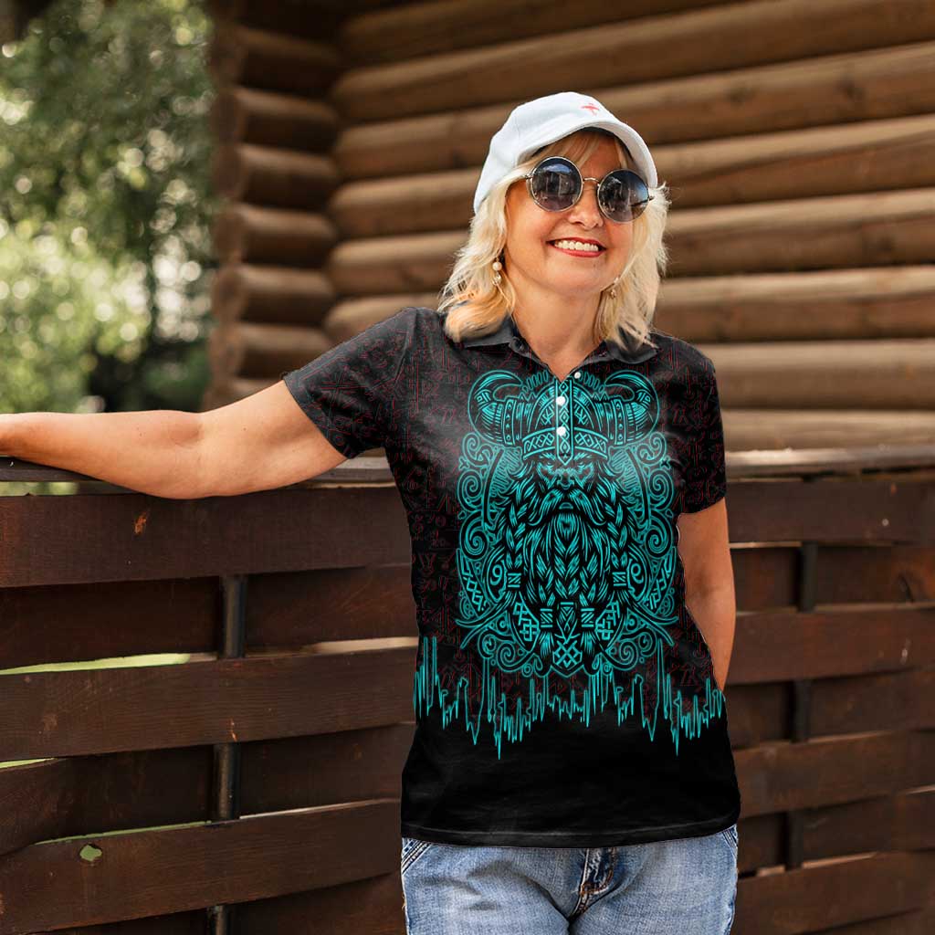 Viking Warrior Helm Women Polo Shirt Neon Tribal Linework and Runic Pattern Art