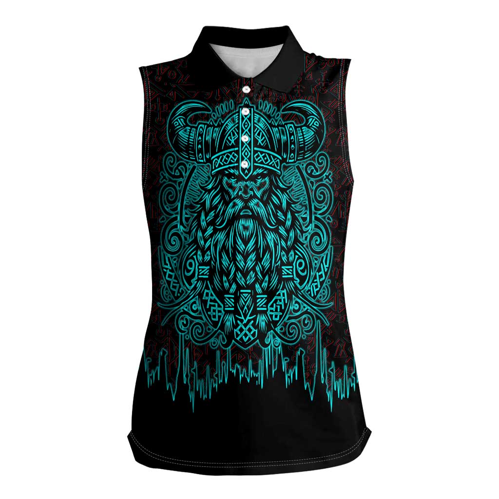 Viking Warrior Helm Women Sleeveless Polo Shirt Neon Tribal Linework and Runic Pattern Art