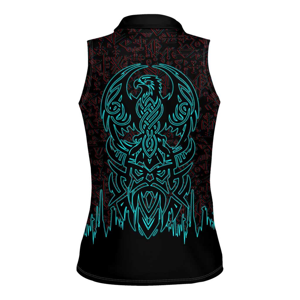 Viking Warrior Helm Women Sleeveless Polo Shirt Neon Tribal Linework and Runic Pattern Art