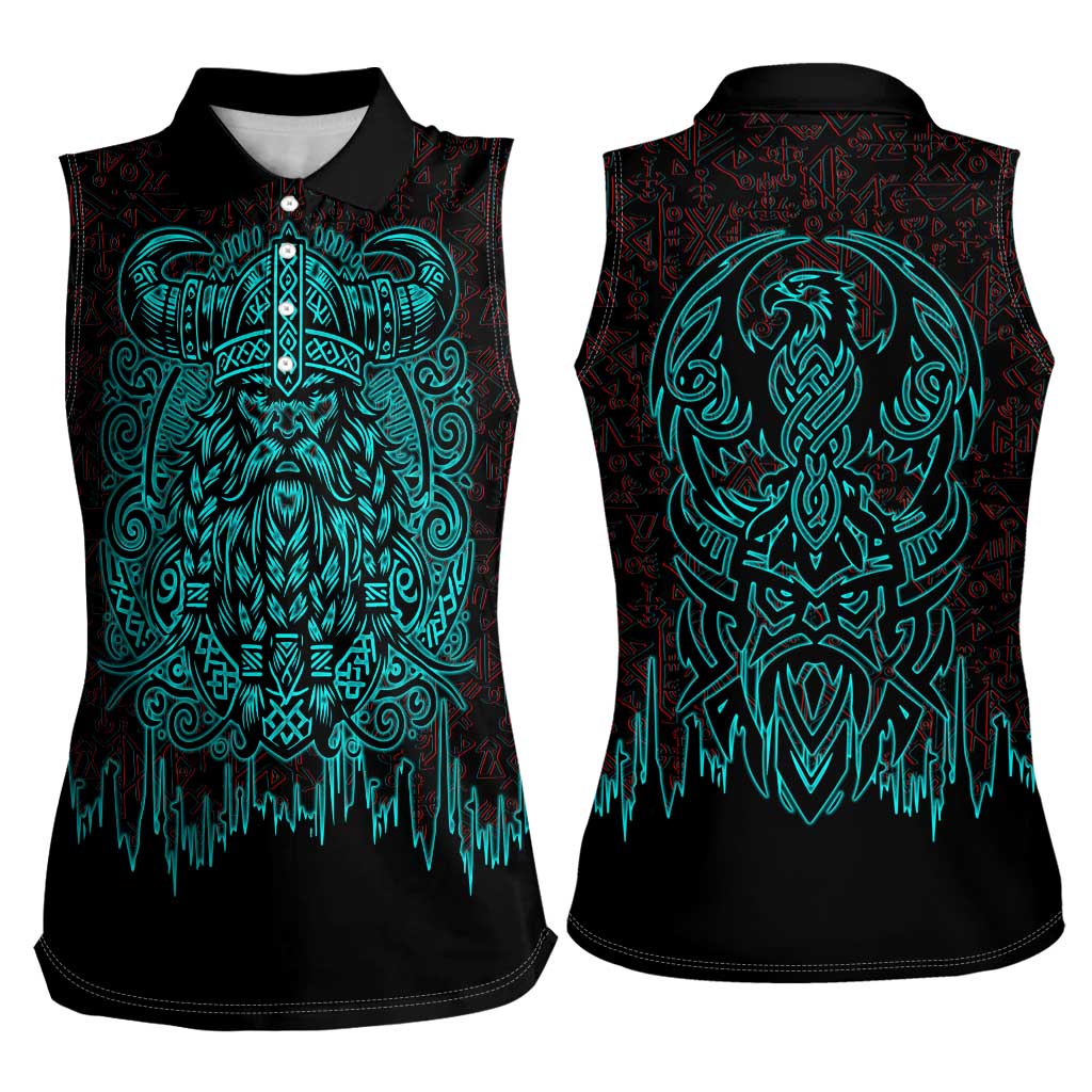 Viking Warrior Helm Women Sleeveless Polo Shirt Neon Tribal Linework and Runic Pattern Art