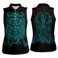 Viking Warrior Helm Women Sleeveless Polo Shirt Neon Tribal Linework and Runic Pattern Art