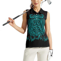 Viking Warrior Helm Women Sleeveless Polo Shirt Neon Tribal Linework and Runic Pattern Art