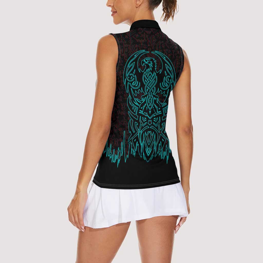 Viking Warrior Helm Women Sleeveless Polo Shirt Neon Tribal Linework and Runic Pattern Art