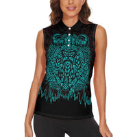 Viking Warrior Helm Women Sleeveless Polo Shirt Neon Tribal Linework and Runic Pattern Art