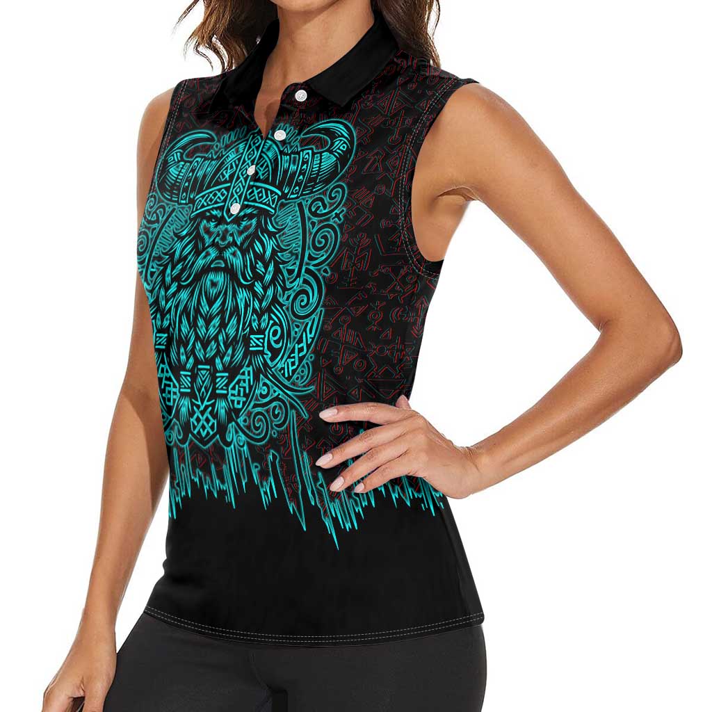 Viking Warrior Helm Women Sleeveless Polo Shirt Neon Tribal Linework and Runic Pattern Art