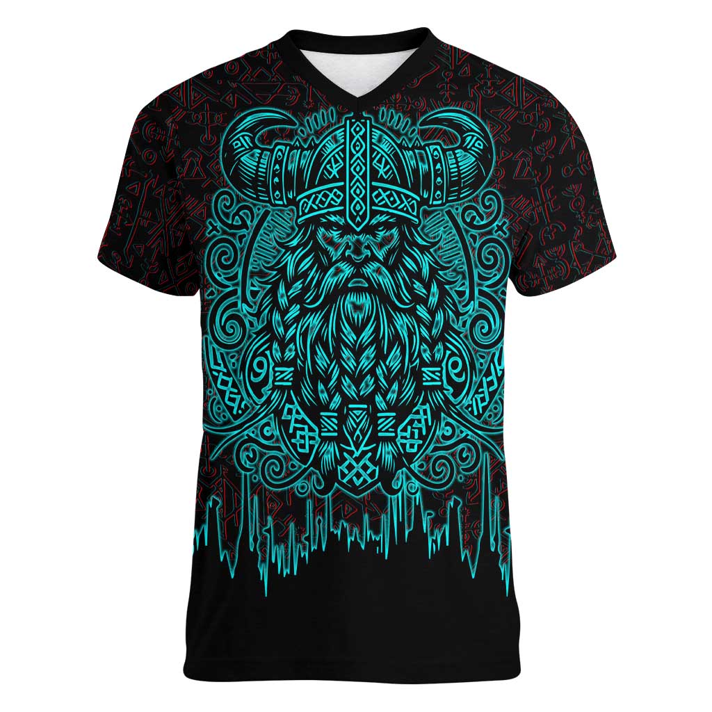 Viking Warrior Helm Women V-Neck T-Shirt Neon Tribal Linework and Runic Pattern Art