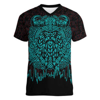 Viking Warrior Helm Women V-Neck T-Shirt Neon Tribal Linework and Runic Pattern Art