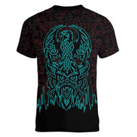 Viking Warrior Helm Women V-Neck T-Shirt Neon Tribal Linework and Runic Pattern Art