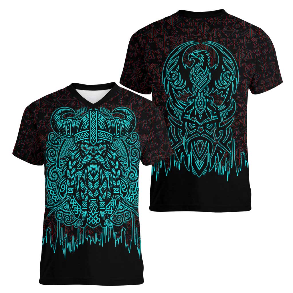 Viking Warrior Helm Women V-Neck T-Shirt Neon Tribal Linework and Runic Pattern Art