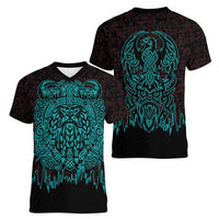 Viking Warrior Helm Women V-Neck T-Shirt Neon Tribal Linework and Runic Pattern Art