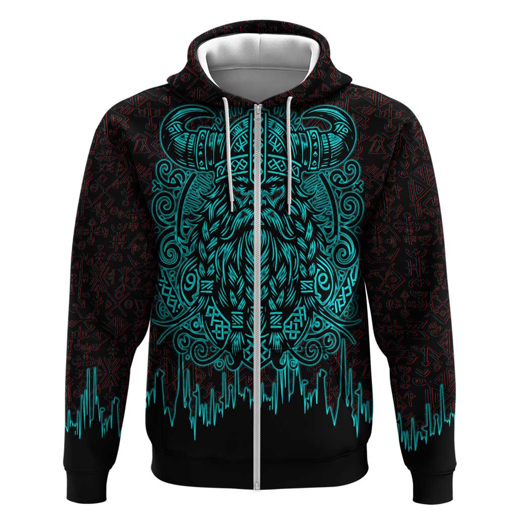 Viking Warrior Helm Zip Hoodie Neon Tribal Linework and Runic Pattern Art