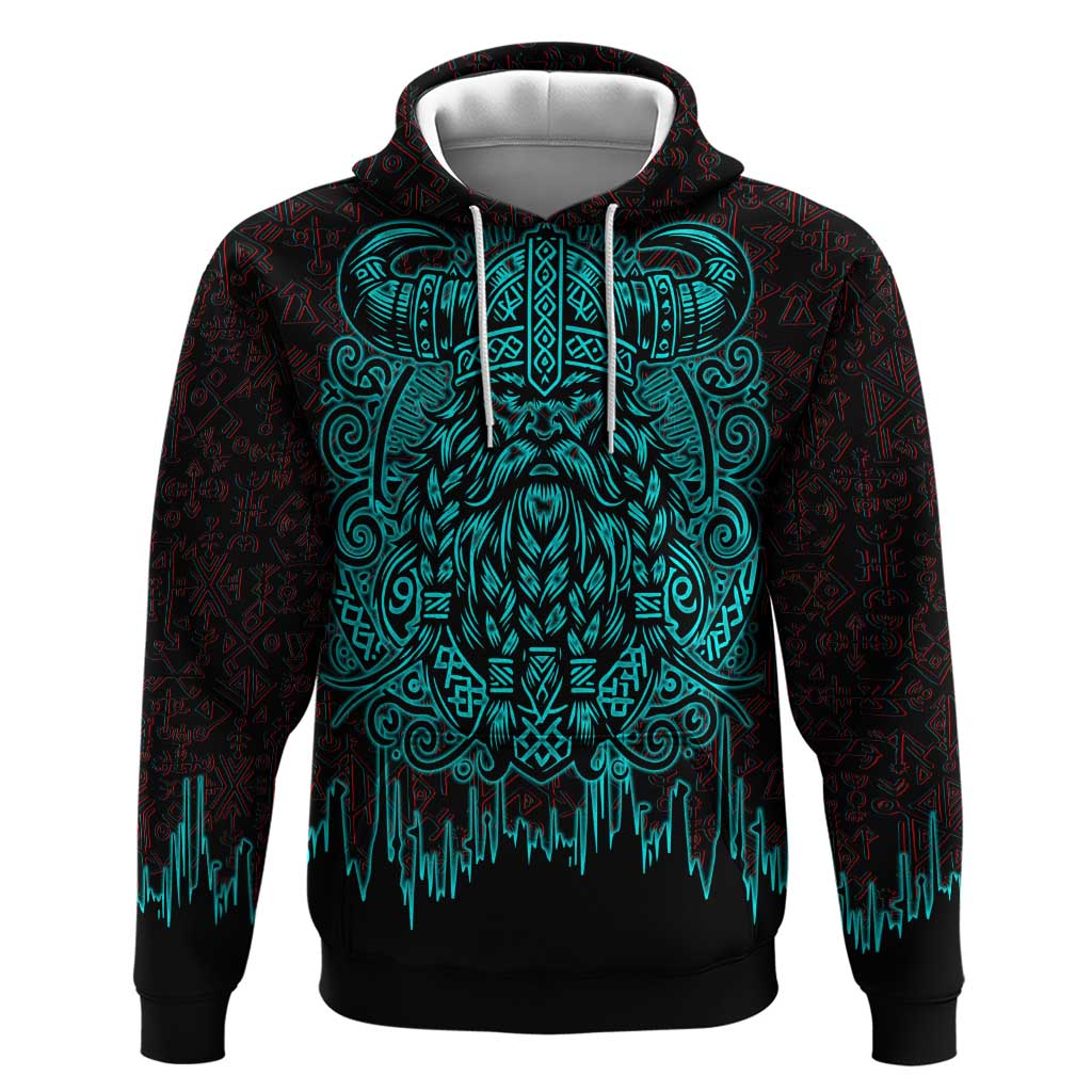 Viking Warrior Helm Zip Hoodie Neon Tribal Linework and Runic Pattern Art