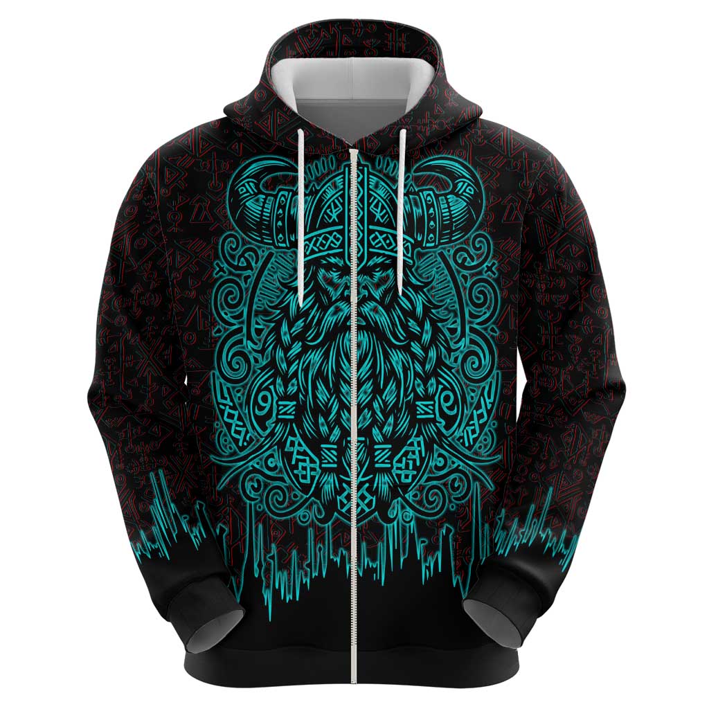 Viking Warrior Helm Zip Hoodie Neon Tribal Linework and Runic Pattern Art