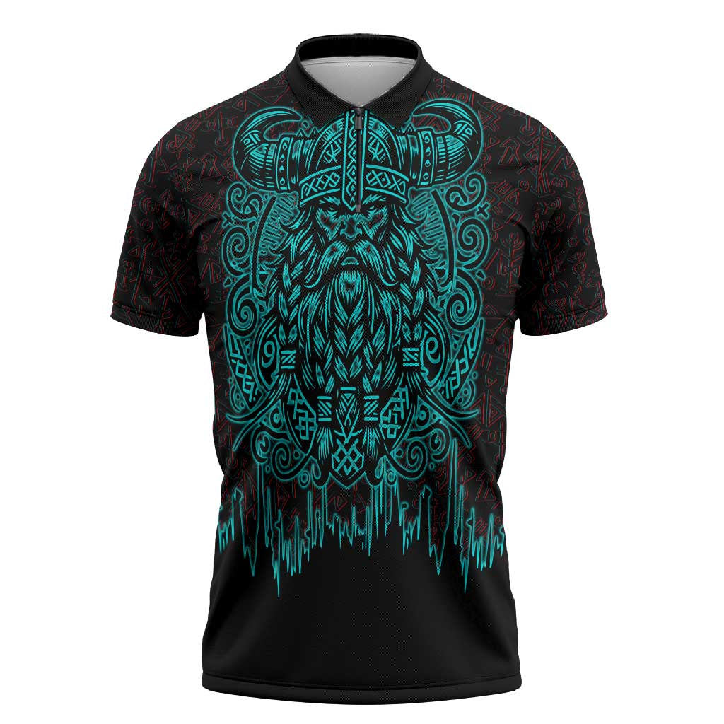 Viking Warrior Helm Zipper Polo Shirt Neon Tribal Linework and Runic Pattern Art