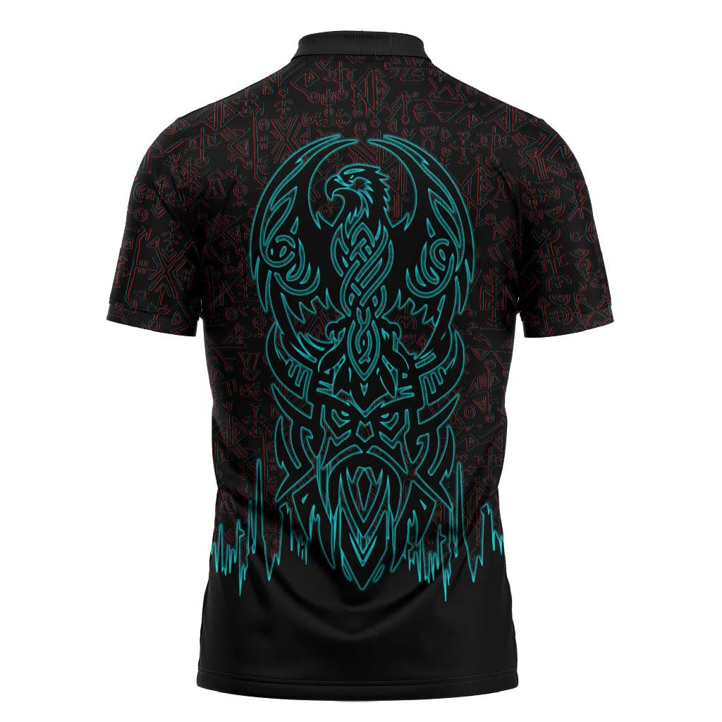 Viking Warrior Helm Zipper Polo Shirt Neon Tribal Linework and Runic Pattern Art