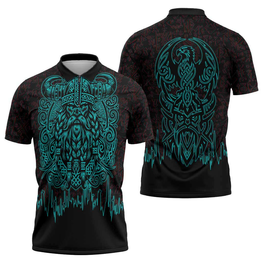 Viking Warrior Helm Zipper Polo Shirt Neon Tribal Linework and Runic Pattern Art