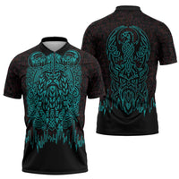 Viking Warrior Helm Zipper Polo Shirt Neon Tribal Linework and Runic Pattern Art
