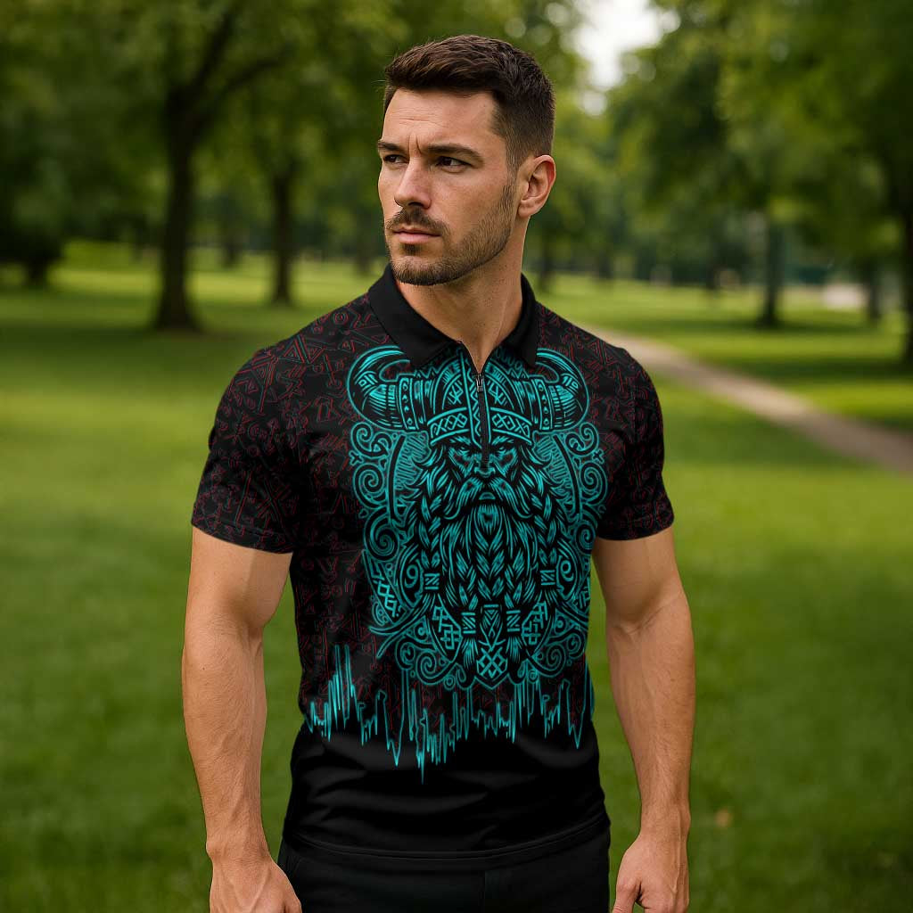 Viking Warrior Helm Zipper Polo Shirt Neon Tribal Linework and Runic Pattern Art