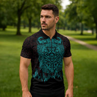 Viking Warrior Helm Zipper Polo Shirt Neon Tribal Linework and Runic Pattern Art
