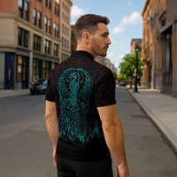 Viking Warrior Helm Zipper Polo Shirt Neon Tribal Linework and Runic Pattern Art