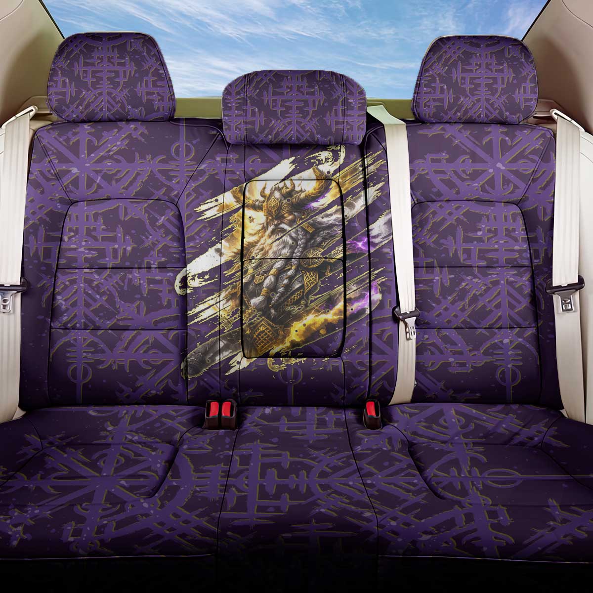 Odin Allfather Viking Back Car Seat Cover Epic Norse Mythology Illustration with Runic Circle Art