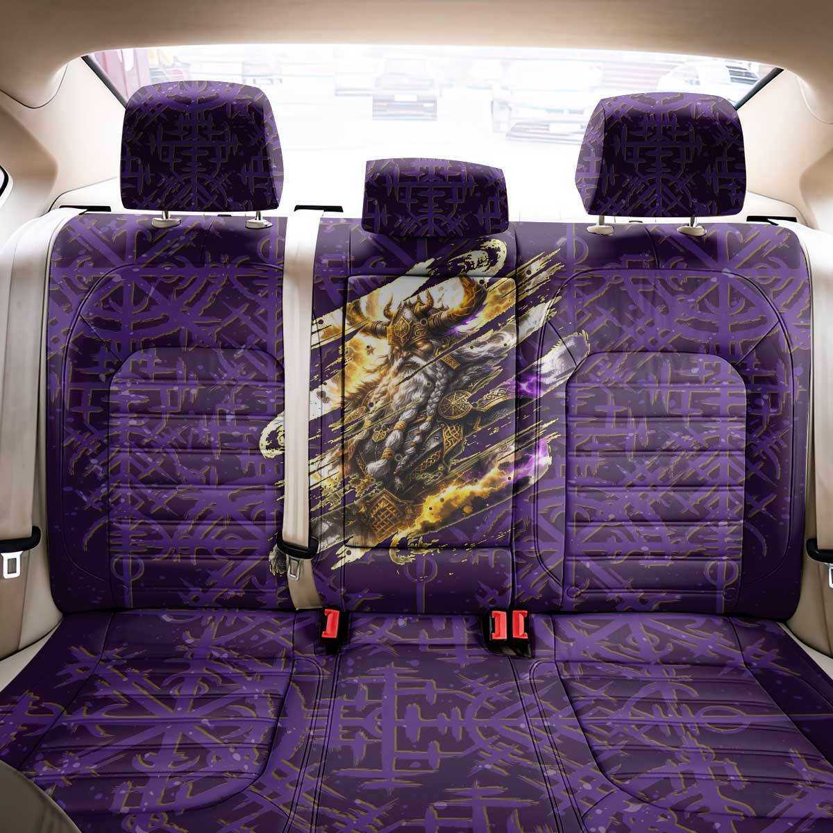 Odin Allfather Viking Back Car Seat Cover Epic Norse Mythology Illustration with Runic Circle Art