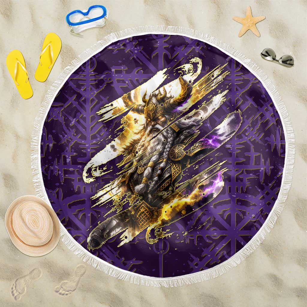Odin Allfather Viking Beach Blanket Epic Norse Mythology Illustration with Runic Circle Art