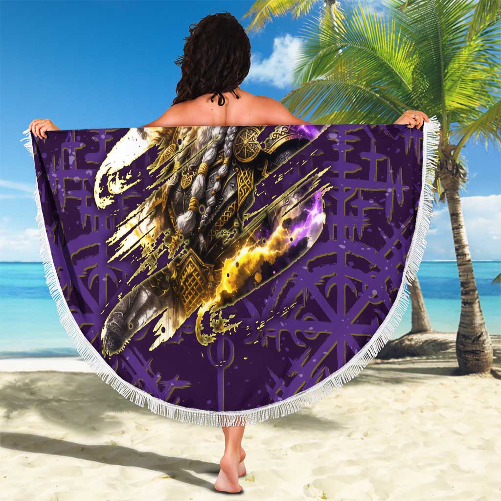 Odin Allfather Viking Beach Blanket Epic Norse Mythology Illustration with Runic Circle Art